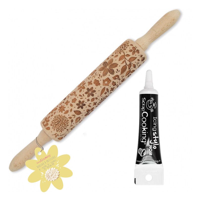 Wooden Rolling Pin with Nature Imprints 39 cm + Icing Pen