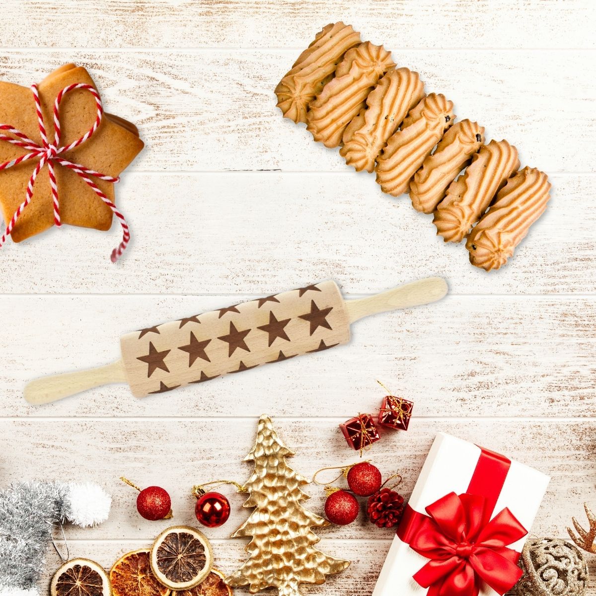 Wooden Rolling Pin with Star Pattern 40 cm