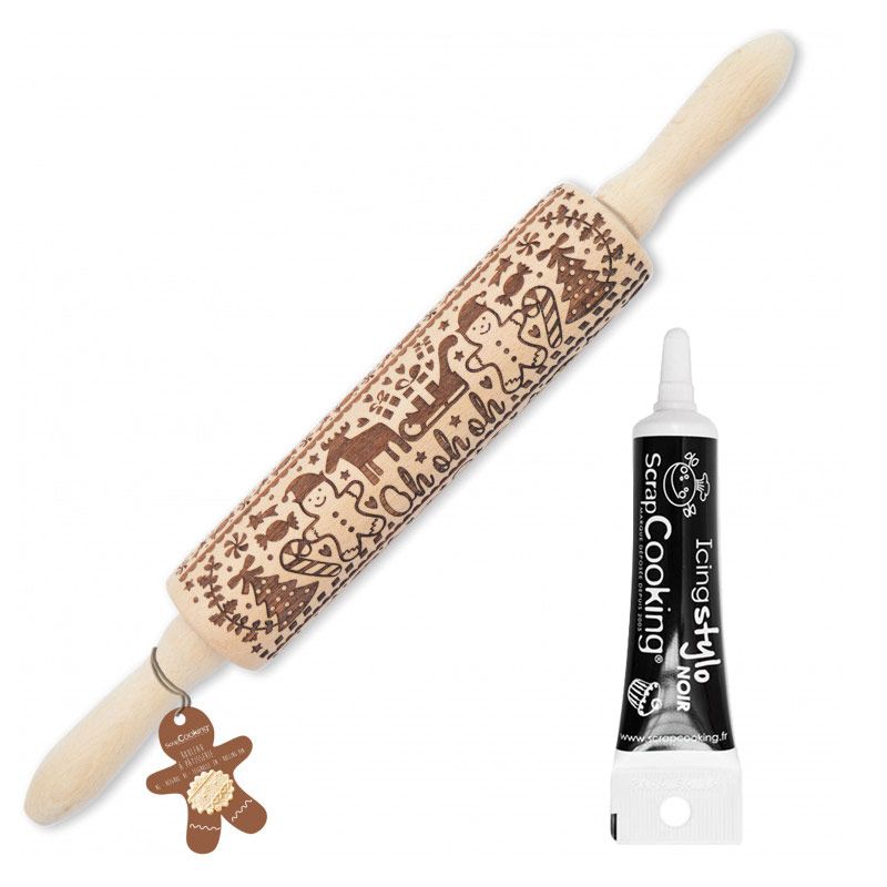 Gingerbread Embossed Rolling Pin 39 cm + Black Icing Pen