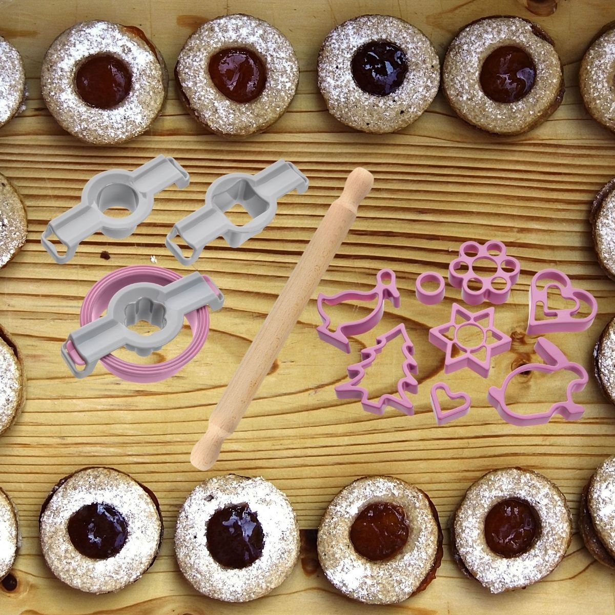 Linzer Cookie Set: Wooden Rolling Pin & Cutters
